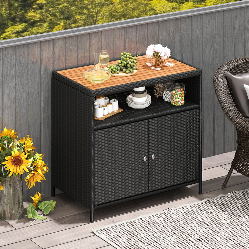Armoire de rangement pour terrasse avec comptoir en bois d'acacia à 2 portes Latitude Run®, Noir/naturel