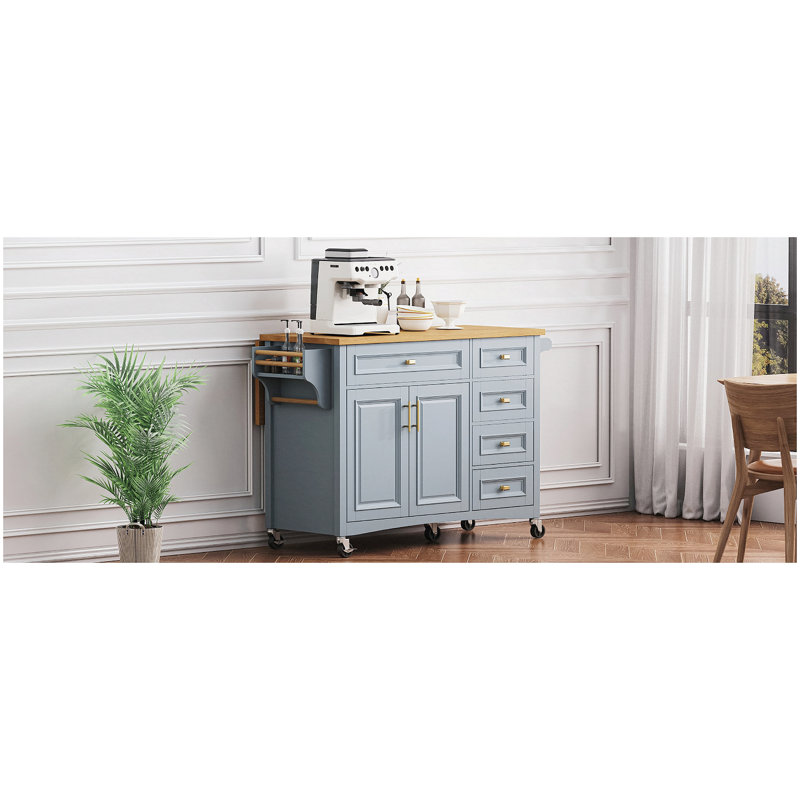 Îlot de cuisine 52 po avec abattant, îlot de cuisine à texture gaufrée sur roulettes avec porte-épices, porte-serviettes, 2 portes et 5 tiroirs, chariot de rangement avec tablette réglable pour la cuisine, bleu gris