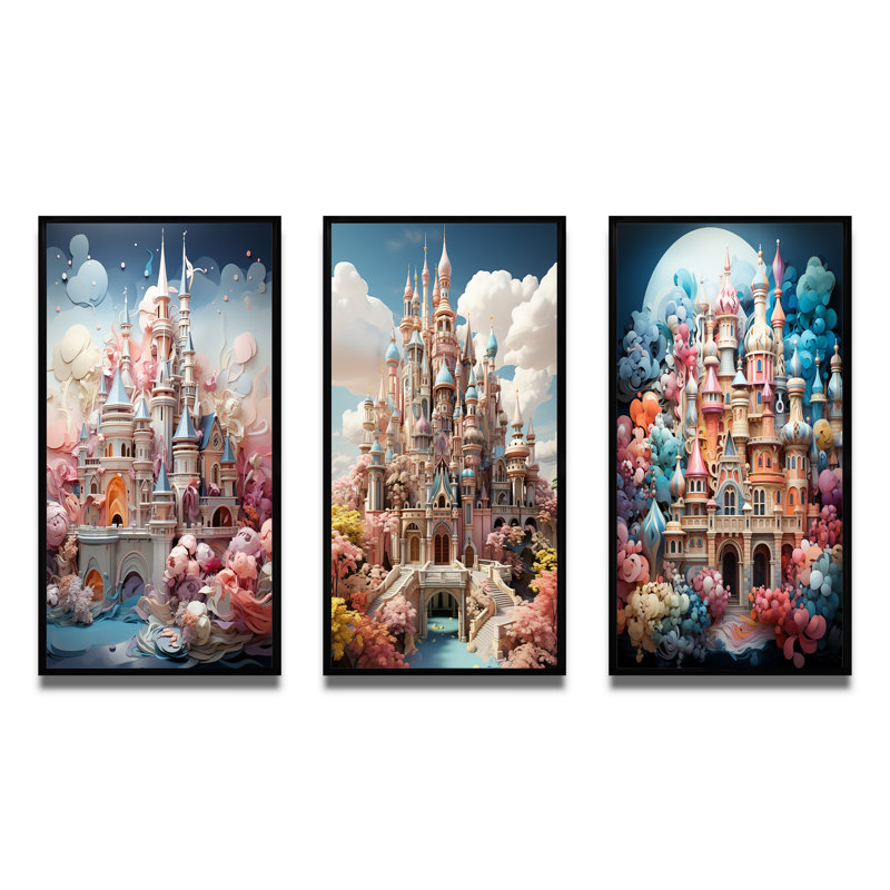 «Castles Whimsical Wonder Pastel I», ensemble de 3 pièces d'art urbain, Cadre noir, H 40 po x l 60 po