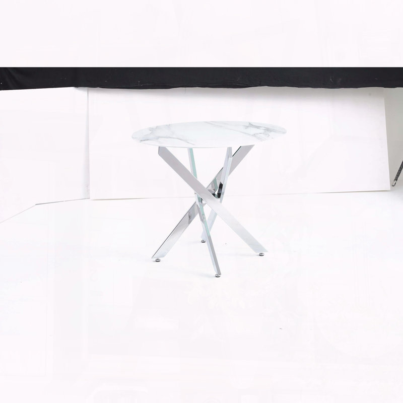 Table ronde en verre trempé 35,43 po - Cadre en fer argenté, design moderne