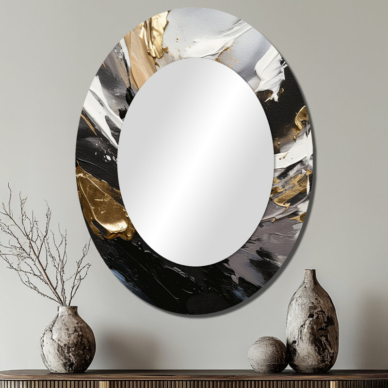 Rhythm Of Pleasure Abstract Black And Gold III - Gold Oval Wall Mirror Decor, 40" x 30"