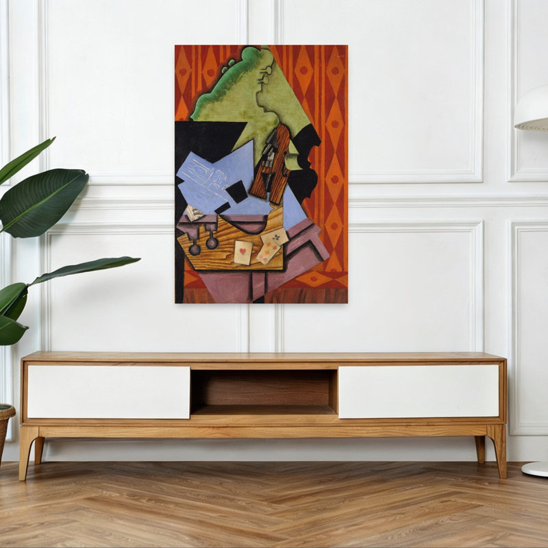 Violon et cartes à jouer sur une table, 1913. Estampe d'art mural abstraite contemporaine., H 48 po x l 32 po