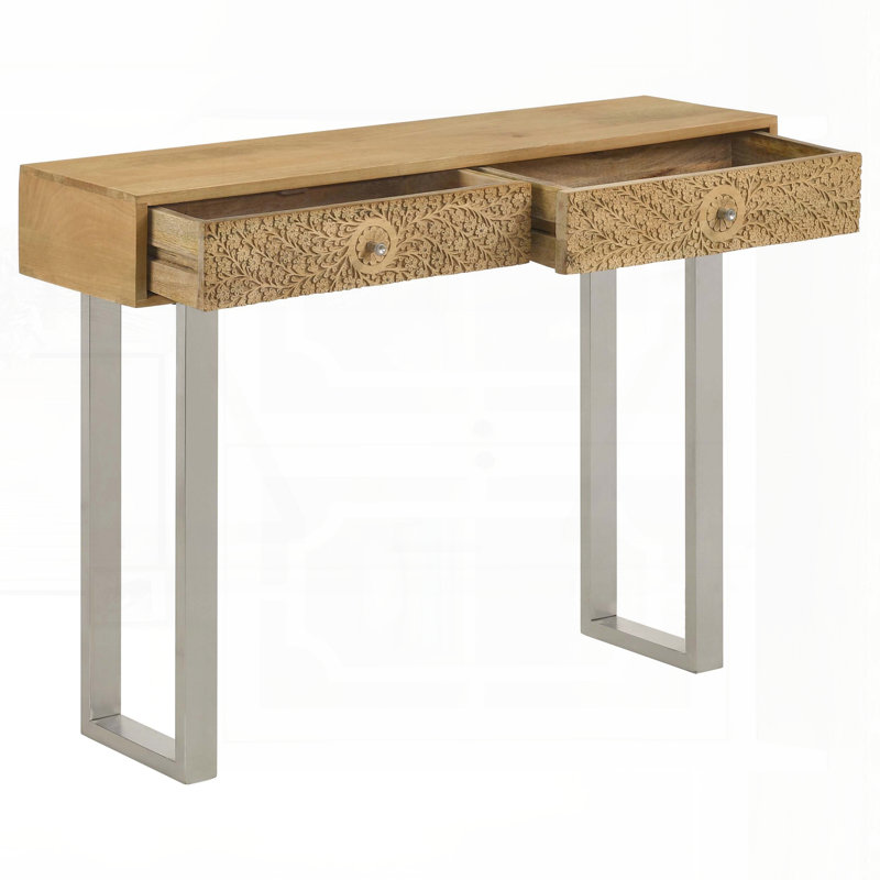 Console naturelle et argentée avec 2 tiroirs - base luge, 42 pouces de large