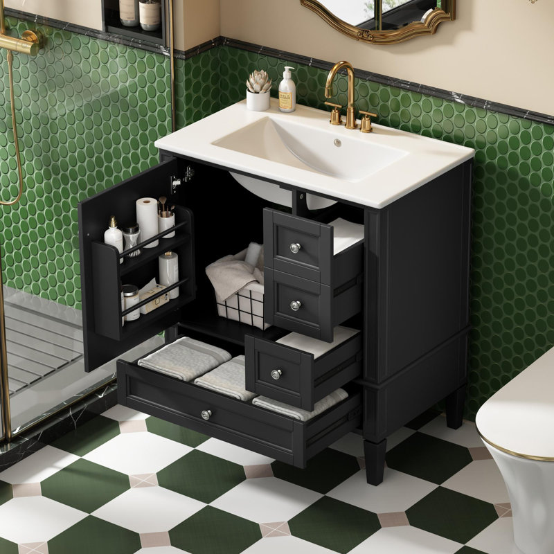 30" bathroom vanity with ceramic sink, Black/Silver