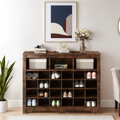 24 Shoe Cubby Console, Modern Storage Cabinet with Curved Base, Black