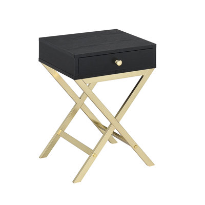 Black & Brass Accent Table, Rectangular With 1 Drawer And Composite Wood Top Table Veneer Finish Metal Trestle Base