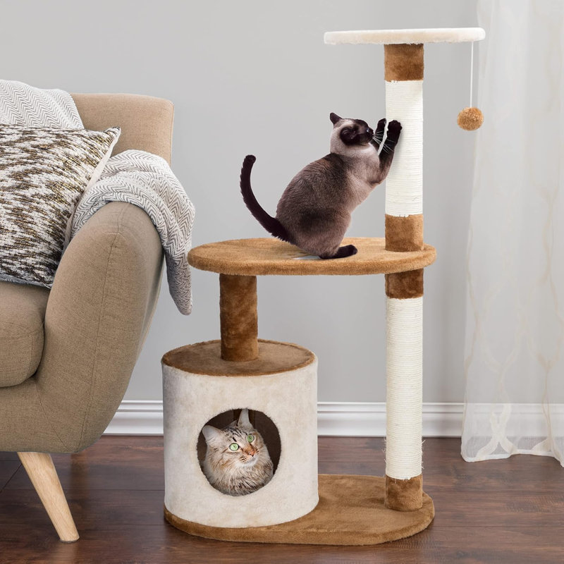 Tan and Brown 3-Tier Cat Tree with Condo and Scratching Posts