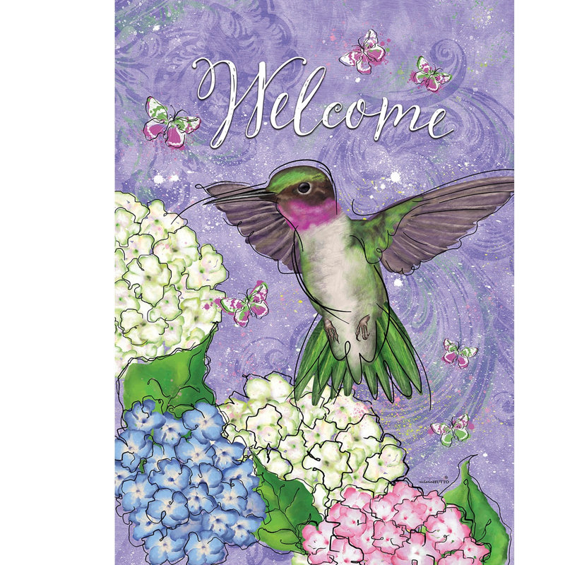Drapeau de jardin colibri et hortensia, Oiseaux violets/verts/blancs