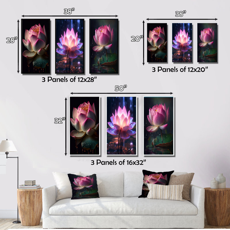 «Beautiful Blossoming Pink Lotus», 3 pièces sur toile, Cadre flottant noir, H 32 po x l 48 po