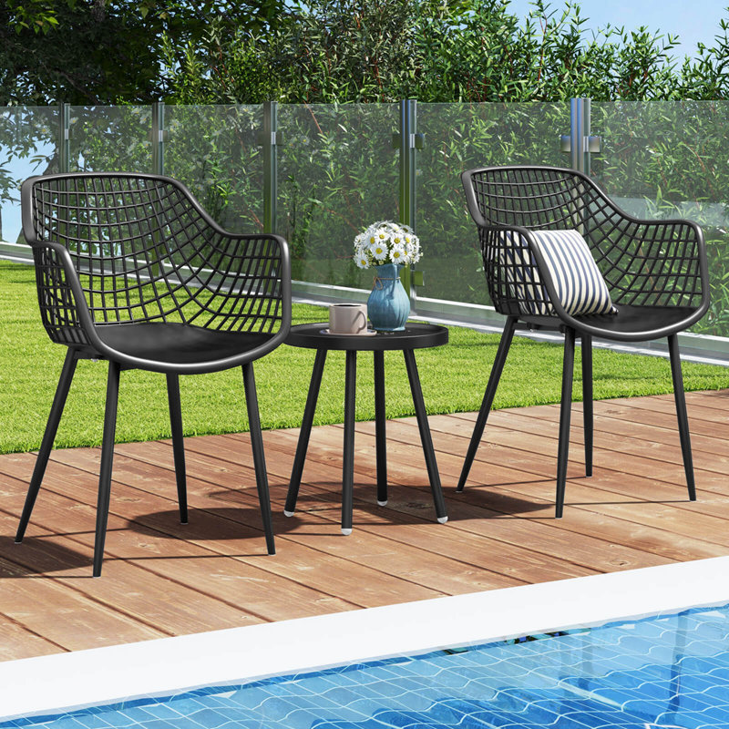 George Oliver 3 Piece Patio Bistro Set All Weather Heavy Duty Table And Chairs Set Of 2, Black