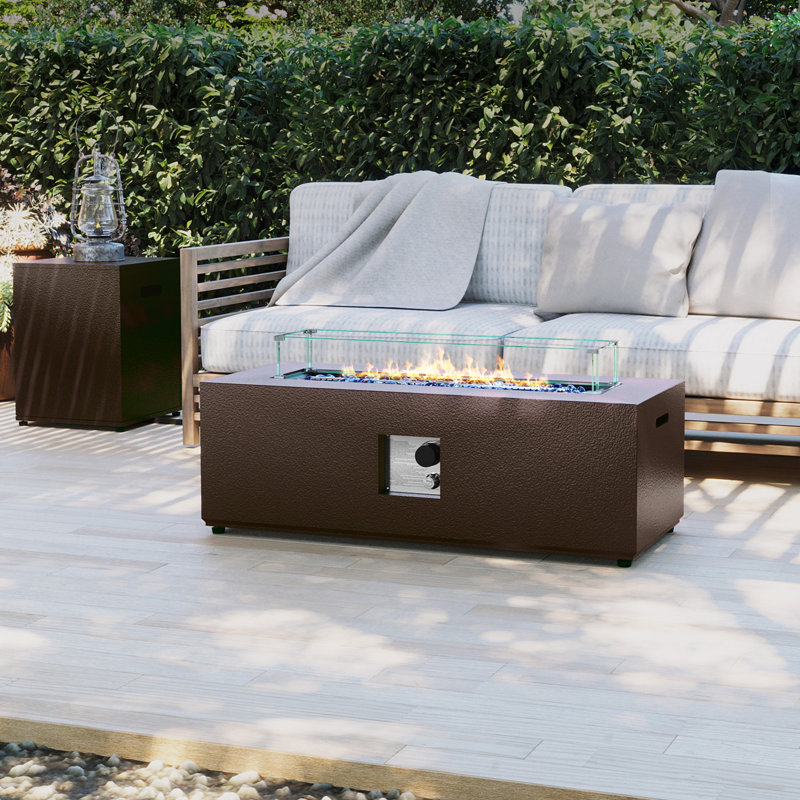 Table de foyer d'extérieur au propane rectangulaire en fer de 42 pouces avec couvercle de réservoir et pare-vent, brun foncé