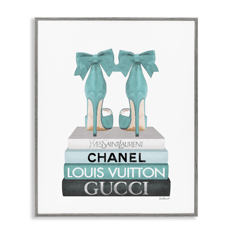 Turquoise Bow Heels on Books Abstract Canvas Print with Gray Frame
