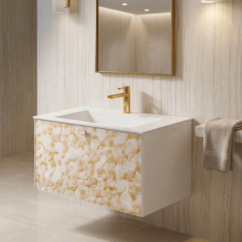 32'' Single Bathroom Vanity with Glass Top, White/Gold, White