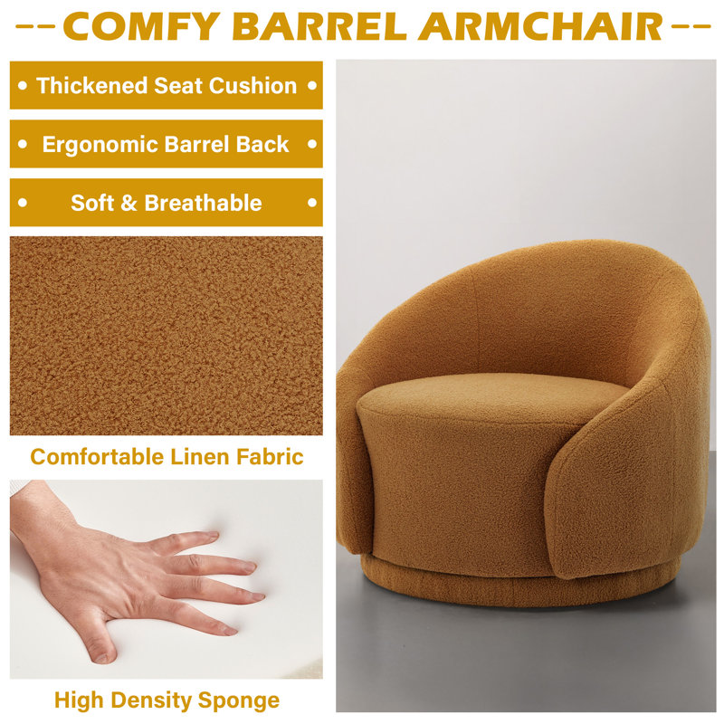 Fauteuil demi-tonneau pivotant rembourré Aunna, Teddy rouillé orange