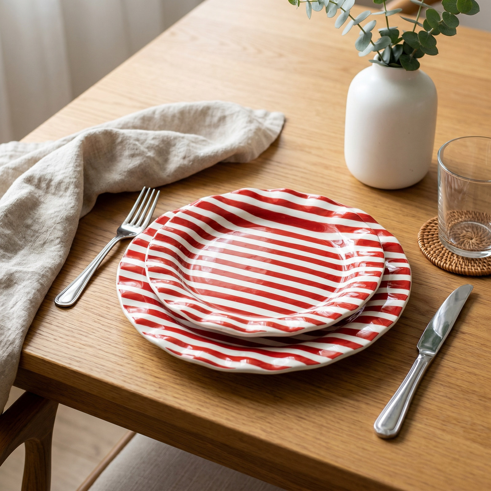 Red Stripe Drop Ruffle Dinner Plate