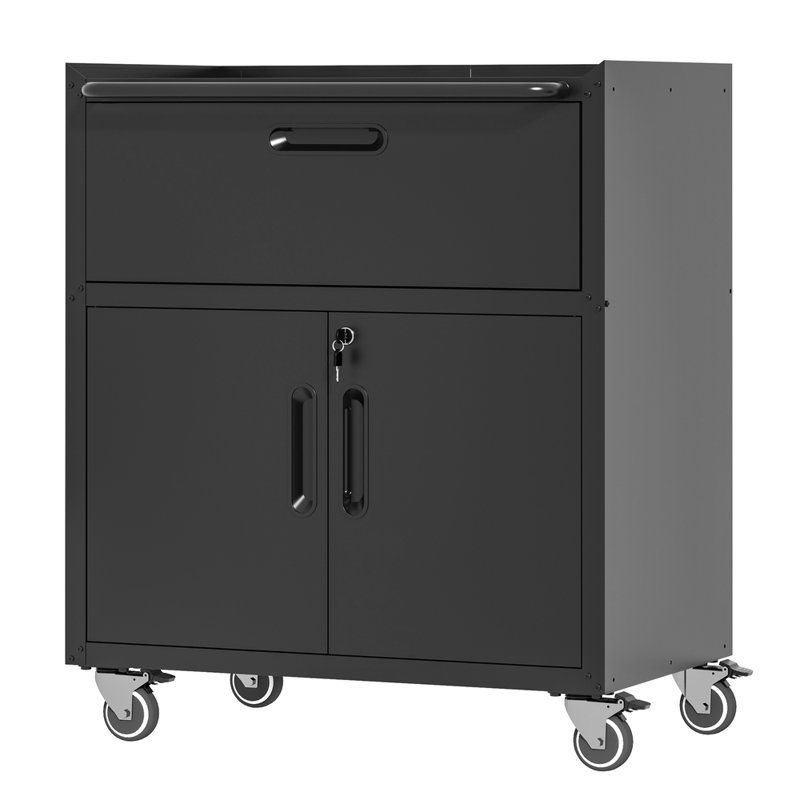 34.65" Mobile Heavy-Duty Tool Storage Cabinet, Rolling Metal Garage Cabinet With Locking Drawer, 2 Locking Doors & 360° Wheels, Black And Gray