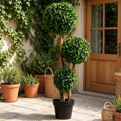 Artificial 3 Ball Boxwood Topiary Tree In Pot - Indoor/Outdoor Fake Plant For Porch, Patio, Home Office, Living Room, Garden & Front Door Decor | Uv R