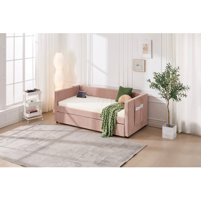 Twin Size Upholstered Daybed With Trundle,Usb Port ,Side Pockets, Modern V-Grained Backrest Design,No Box Spring Needed, For Bedroom, Guest Room