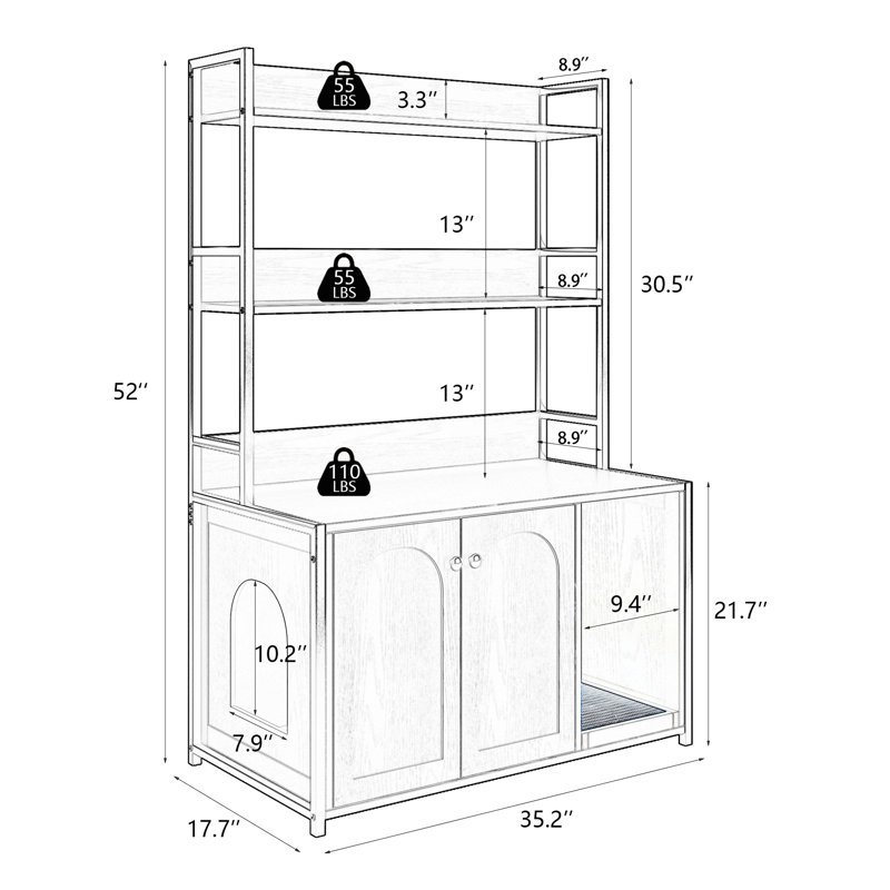 Grand bac à litière pour chat avec tablette et bloc-notes, refuge intérieur stable, salle de bain cachée, 2 portes, tablette de rangement brune, niche