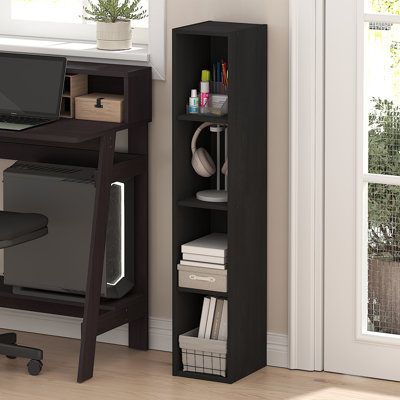Furinno FULDA Book Shelf, 4-Tier Narrow Bookshelf, Standing Bookcase with 8-In Width Storage Shelf, 9.3 x 7.9 x 41.6, for Organization and Storage, for Living Room, Bedroom, Home Office, Blackwood