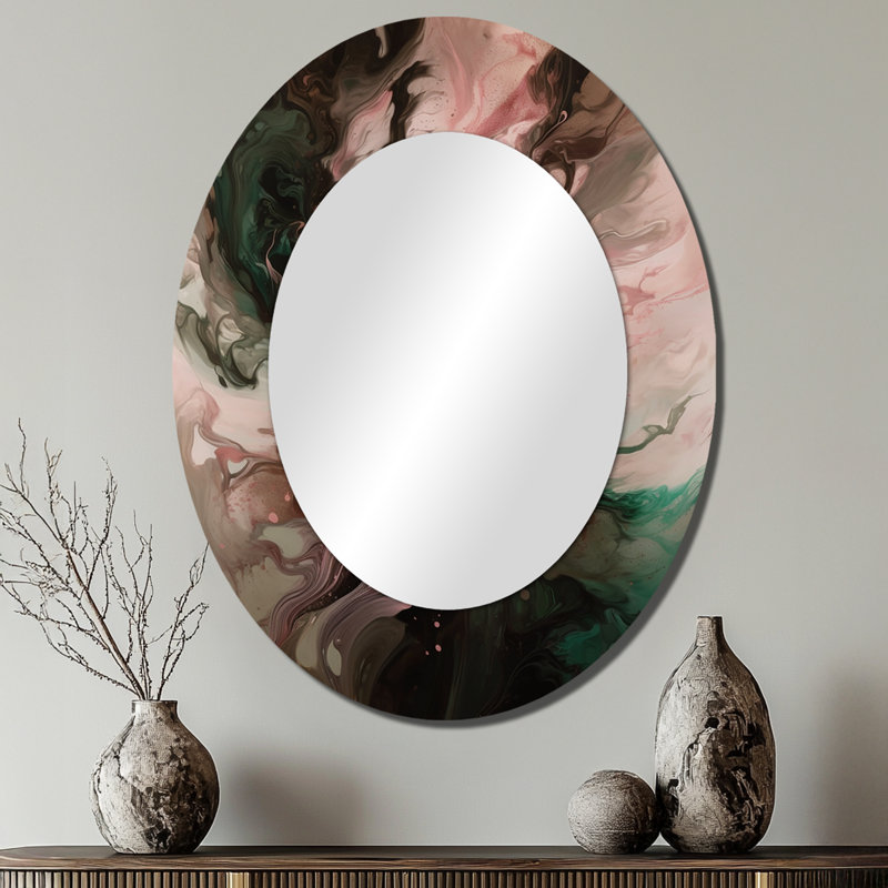 Pink Green Inner Worlds Of Marble II - Modern Oval Wall Mirror, 40" x 30"