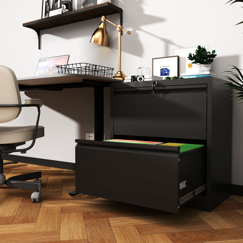 2 Drawer Steel Lateral Filing Cabinet For Home Office, High - Quality Material, Silent Opening, Adjustable Storage A4/letter/legal Documents, Lock, Quick Assembly In Black, Cold Rolled Steel, Quiet