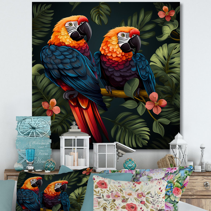 Orange et vert, perroquets tropicaux - art mural perroquet, H 30 po x l 30 po