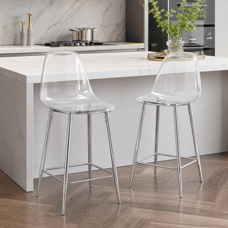 25.6" Modern Clear Acrylic Counter Height Bar Stools with Metal Frame and Footrest, Silver, 2