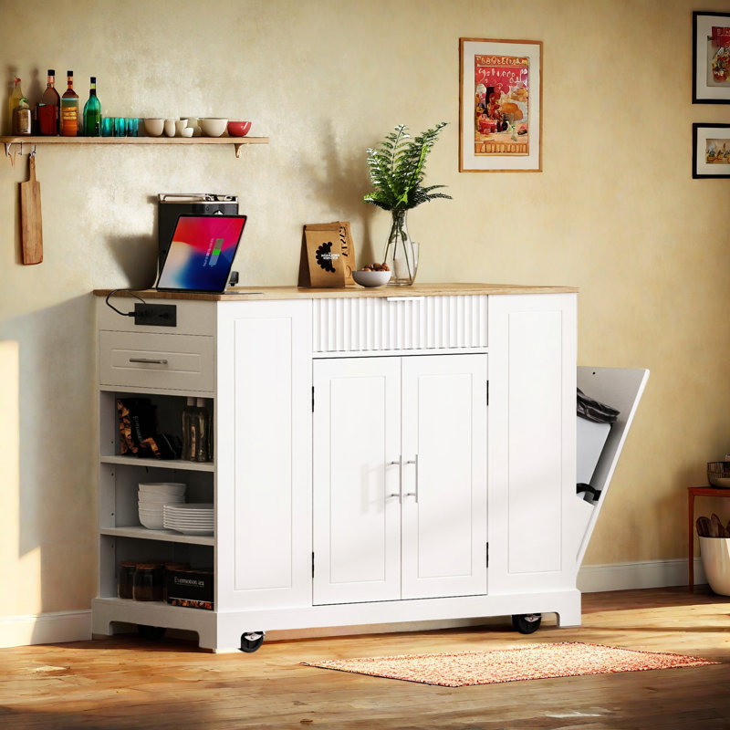 Fluted Kitchen Island With Tilt-out Trash Can, Power Outlet, Internal Storage Rack, 3 Drawers And 3 Open Side Racks, White