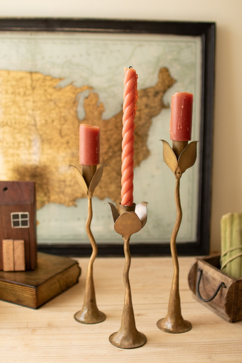 Kalaou Contemporary Taper Candle Holders - Tulip Inspired Metal - 14" H Table Decor