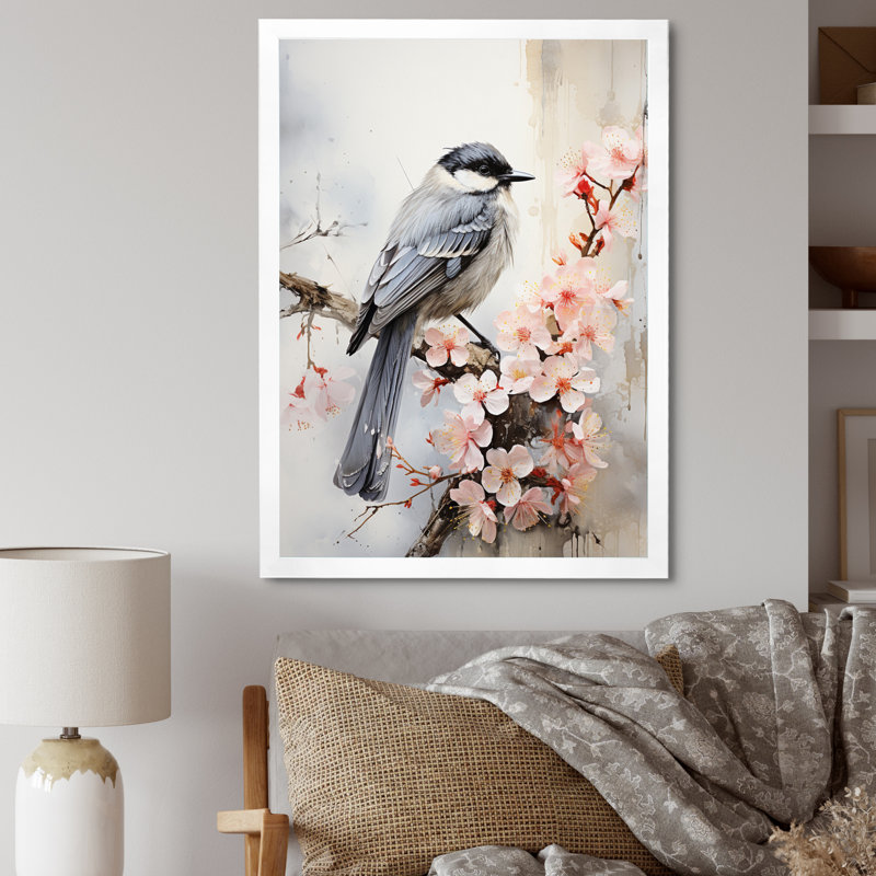 «Hovance Asian Art Bird Sumi I», reproduction sur toile, H 40 po x l 30 po x P 1,5 po, Cadre photo blanc