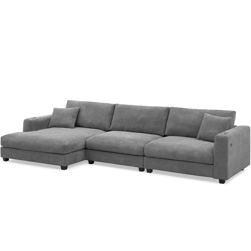 Surdimensionné en velours côtelé pour l'espace de vie, en forme de L avec porte-gobelet et porte-gobelet, siège large et profond, canapé-lit confortable, canapé modulaire 3 couleurs, couleurs spacieuses à choisir