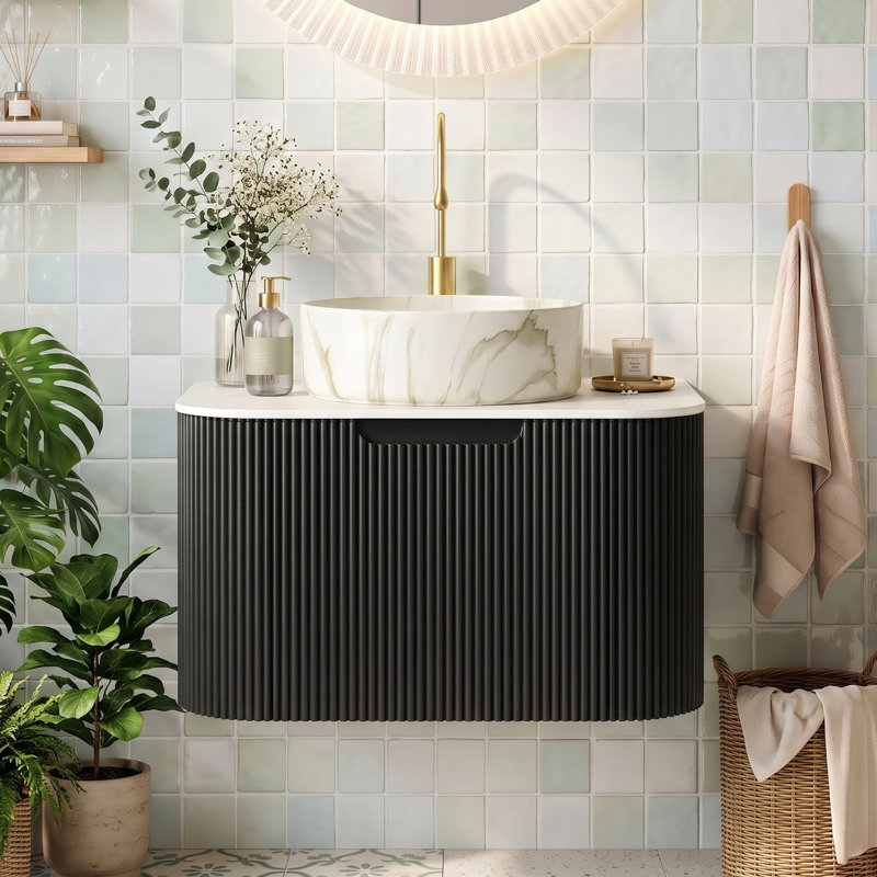 Wall Mounted Single Vanity Bathroom Vanity With Solid Surface Top, Black