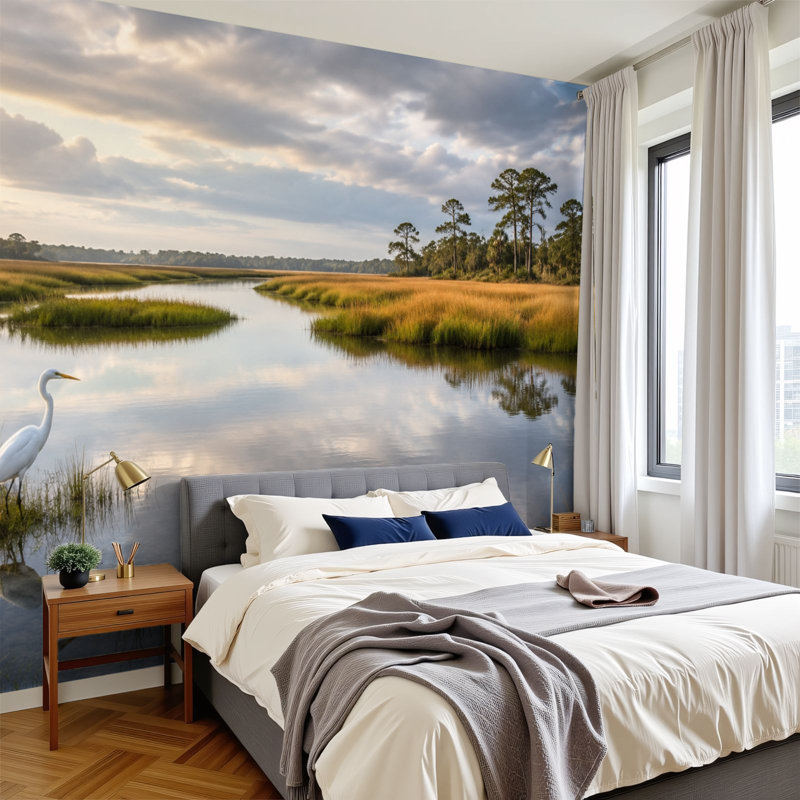 Papier peint adhésif pelez et collez Seren Marshland Landscape White Heron Reflection Water, L 100,08 po x l 144 po