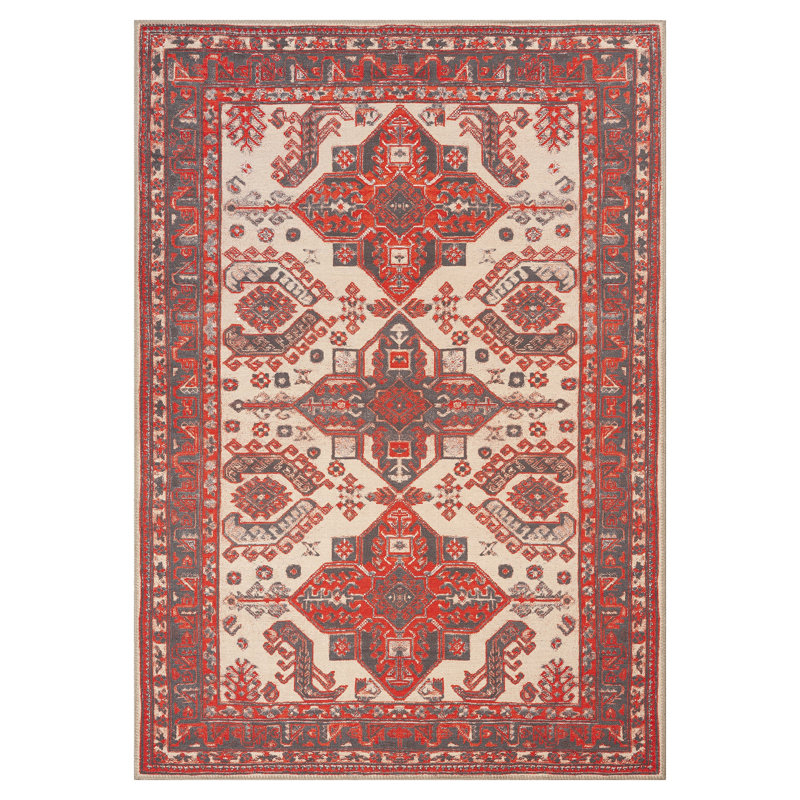 GLN Rugs Vintage Collection - Machine Washable Area Rug, Vintage Washable Rug, Non Slip Area Rug, Low Pile Living Room Rug, Bedroom Rug, Bathroom Rug - Easy Clean (Red and Black Rug)