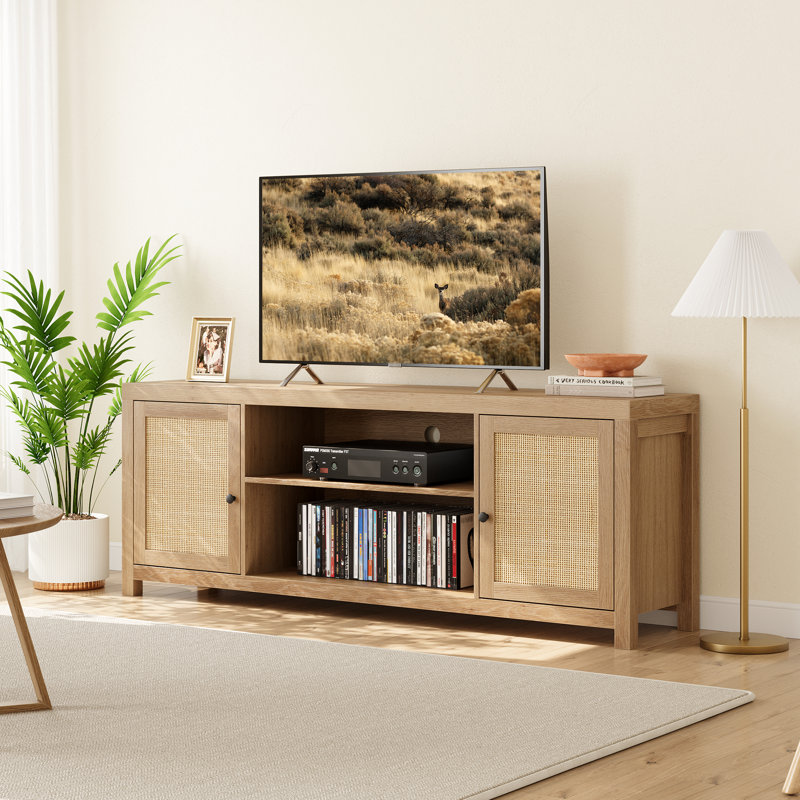 Meuble télé en rotin pour téléviseur de 75 pouces avec rangement et portes Boho