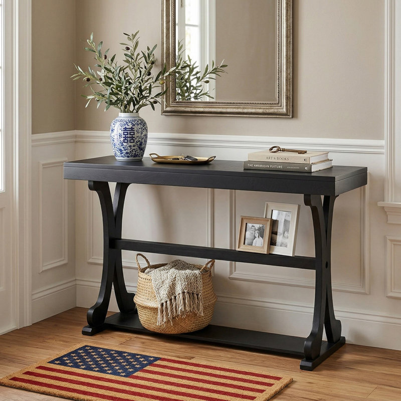 52" Long Vintage Narrow Console Table, Sturdy Open Storage Shelf, Anti-Tip Design Suitable For Entryway, Living Room, Black