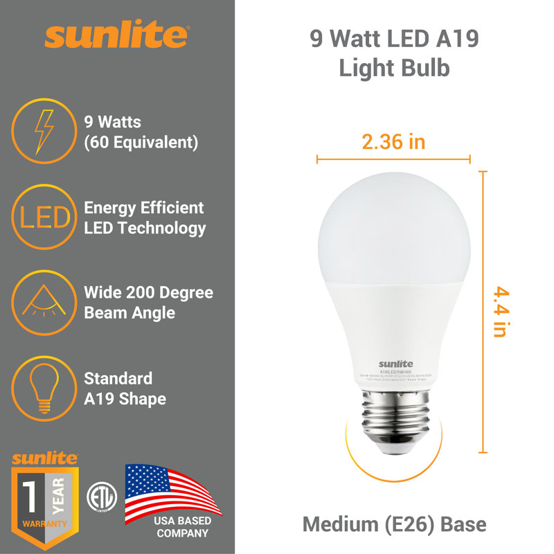 9 W (équivalent à 60 W), ampoule DEL A19 à intensité variable, culot moyen E26 (standard), 6 500 K