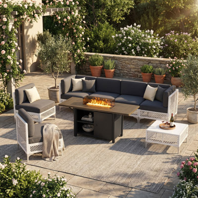 Ensemble de conversation modulaire en osier de patio pour 6 personnes avec foyer