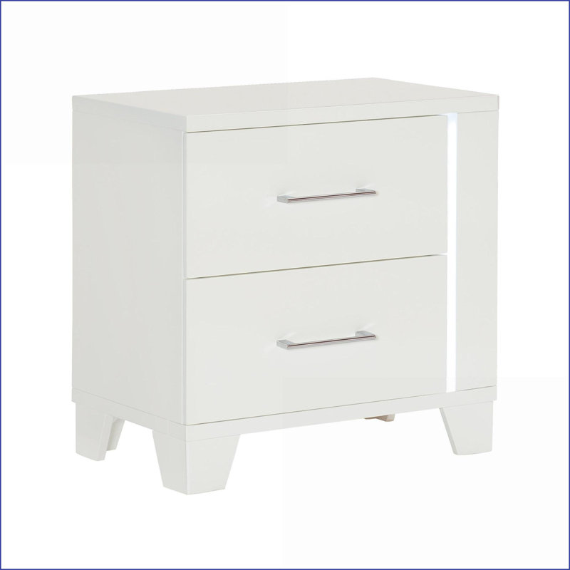 Table de chevet moderne blanc ultrabrillant avec 2 tiroirs Lumière DEL