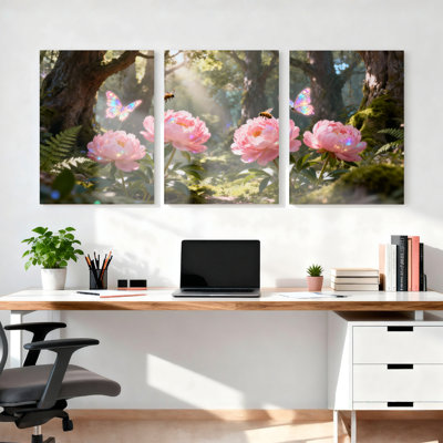 Fleurs de pivoines roses et papillons dans la forêt, reproduction d'art sur toile tendue sur toile, ensemble de 3