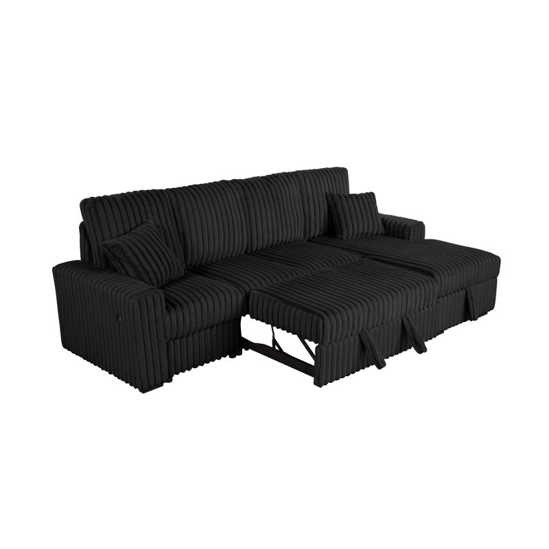 4 Piece Plush Corduroy Sectional With Pullout Loveseat Bed, Storage Chaise, & Ottoman, Black
