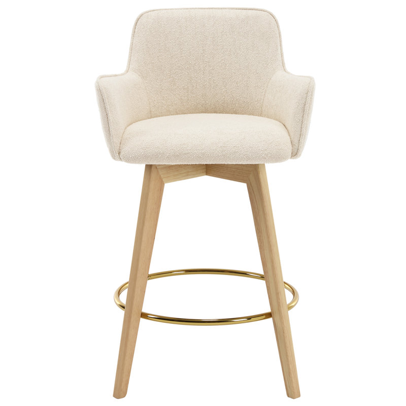 Tabouret de comptoir rembourré à dossier plein H 26,6 po Ashwell avec structure en bois d'hévéa massif et repose-pieds doré Ashwell
