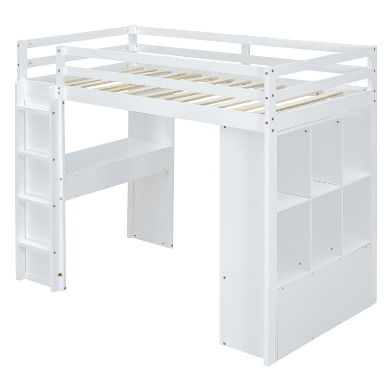 Lit mezzanine avec grandes tablettes, bureau et lumière DEL, Blanc, Lit double