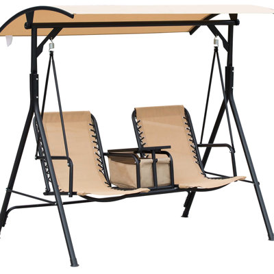 Canopy Swing Chair 2, Outdoor With Drink Holder & Sun Protection, Beige 2 Patio Swing, Adjustable Shade, Storage, Cup Holder, Stable,