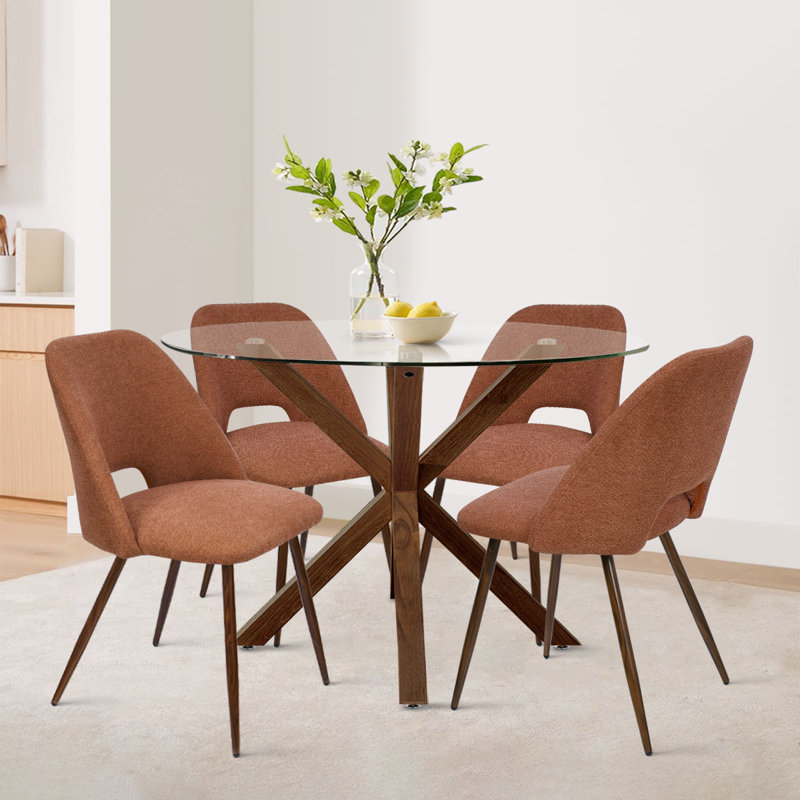 Aunnika 5-Piece Round Dining Set with Tempered Glass Table, Terra