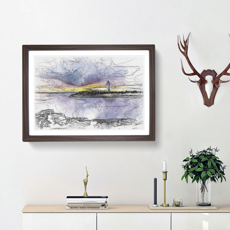 Remote Lighthouse & Seascape Sketch - Picture Frame Graphic Art Print, 40cm H x 60cm W x 2cm D, Walnut Framed