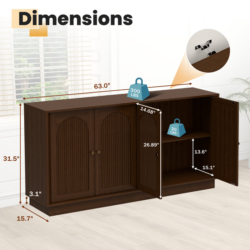 Buffet avec rangement, armoire de rangement arquée cannelée avec tablettes réglables, bar à café modulaire en bois, console moderne pour le salon, la cuisine, la salle à manger, l'entrée, brun