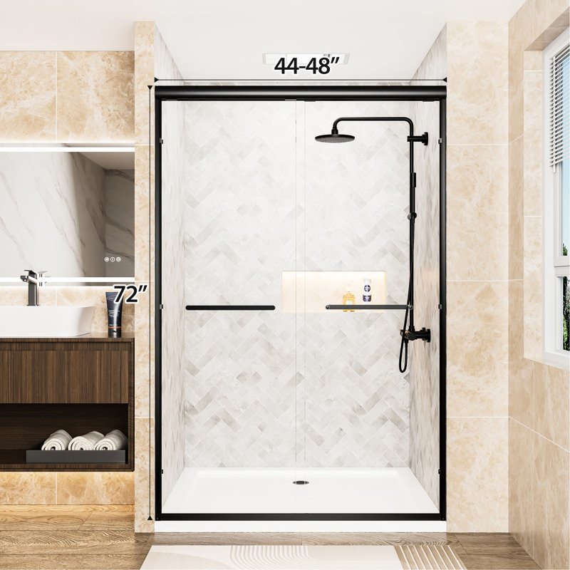 48" W X 72" H、matte Black Aluminum、double Sliding Shower Door、clear Tempered Glass、-proof Film、easy Install、waterproof Design、bathroom Aluminum Frame、double Film、dual Stainless Steel