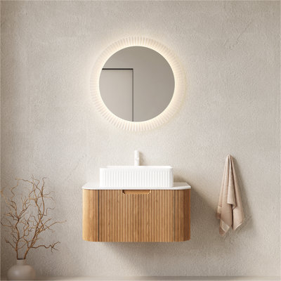 DINA 30"  Bathroom Vanity with Sink, Wall-Mounted Floating Curved Edges Striped Bathroom Storage Cabinet with Drawer, White Rectangular Ceramic Basin, No Faucet, Pre-assembled, Natural Woodgrain Color